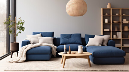 Scandinavian Modern Living Room, A Dark Blue Corner Sofa Accompanied by Wooden Table Stylish Comfort.