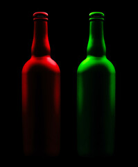 matte red and green bottle on dark background