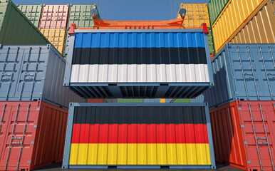 Fototapeta premium Cargo containers with Germany and Estonia national flags. 3D Rendering 