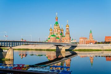 Yoshkar-Ola, Russia. Cathedral of the Annunciation of the Blessed Virgin in Yoshkar-Ola. The river...