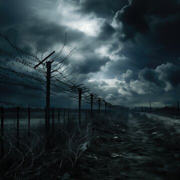 Iron fence against a dark sky with a dramatic backdrop. Light gray and dark azure colors