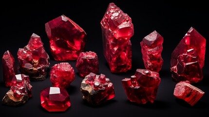 A collage of multiple high-resolution 4K images, showcasing various Red Beryl (Bixbite) specimens in different lighting conditions to reveal their diverse characteristics - Powered by Adobe