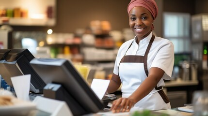 Efficient grocery store employee in uniform operates cash register, scanning items and handling cash transactions with precision. Focus, speed, and customer satisfaction are top priorities - obrazy, fototapety, plakaty