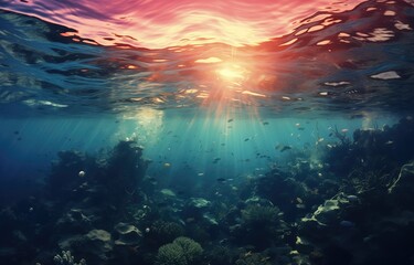 Fototapeta na wymiar Vibrant underwater sunset with tropical vibes. Mysterious and enigmatic, this professional photograph captures the energy and dynamism of the underwater world. Impressive panoramas with unique visuals