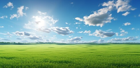 Fototapeta na wymiar Embracing Nature's Serenity: An Exploration of Green Fields Under the Azure Sky Generative AI