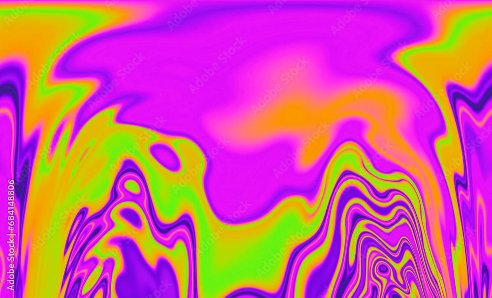 Poster iridescent psychedelic trippy abstract background in neon rainbow colors.