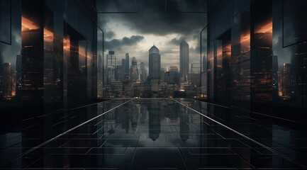 Futuristic cityscape with steel-framed tunnel, glassy skyscrapers, and detailed urban landscape. Dark, sharp-focus perspective showcasing modern architecture and innovative techniques - obrazy, fototapety, plakaty