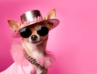 Chihuahua dog in glam fashion outfits with a sunglasses and hat on a pink isolated background with space for text. In animal creative concept - obrazy, fototapety, plakaty