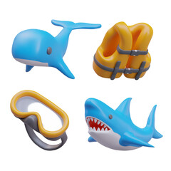 Collection with animals and equipment for swimming. Blue whale and realistic shark swimming. Yellow life vest and glasses for underwater swimming. Vector illustration in 3d style