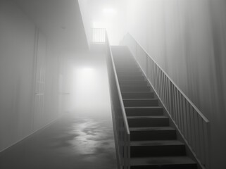 Misty staircase covered in fog, captured from a high angle. Surreal and haunting, with glitchy, surrealistic elements. UHD resolution reveals exceptional clarity and detail. Atmospheric and enigmatic