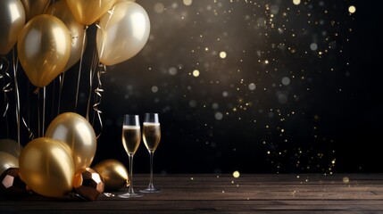 Happy new year background with balloons and glasses of champagne, copy space, 16:9 - obrazy, fototapety, plakaty