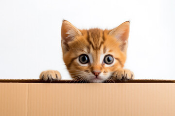 Humorous kitten peeking from delivery box white background text space 
