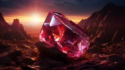 A high-detailed 4K image of a Star Ruby embedded in a rocky outcrop, catching the last rays of the...
