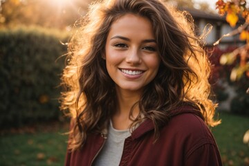 Smiling young brunette posing at a beautiful garden looking at the camera during late autumn sunset with a sun flares in the background, surrounded by friends and relatives.