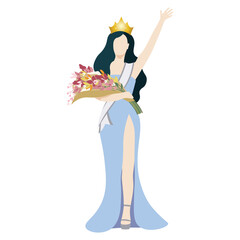 An elegant beauty queen winner in soft blue evening gown with sash and crown, and holding flower bouquet. Vector illustration on white background