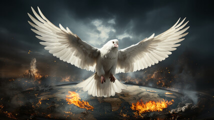 A peace dove tries to save a burning world map (globe).