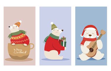 Cute bear collection in Christmas theme. Vector illustration on soft pastel background for Merry Christmas concept