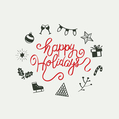 Hand Drawn Christmas Doodles And Text Vector Design.