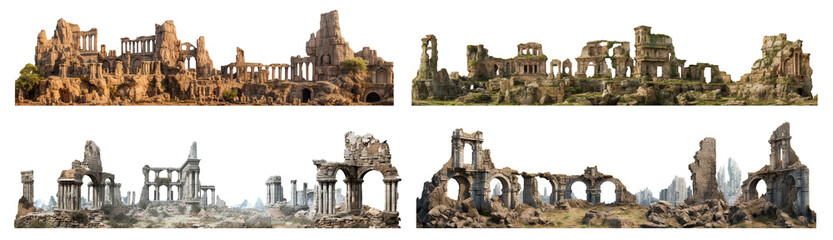 Set of ancient historical ruins cut out