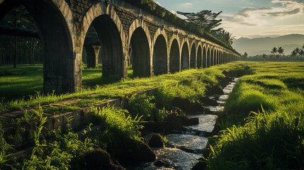 Aqueduct in a tropical setting, made from bamboo, water flowing into a lush paddy field, golden...