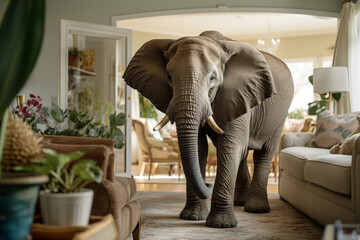 Elephant conspicuously standing in a house's living room unmistakably ignored  - obrazy, fototapety, plakaty
