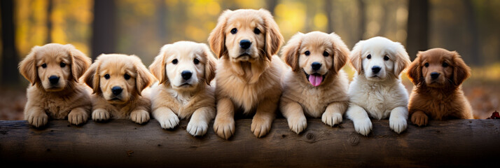Five golden retriever puppies form an adorable energetic little litter  - obrazy, fototapety, plakaty