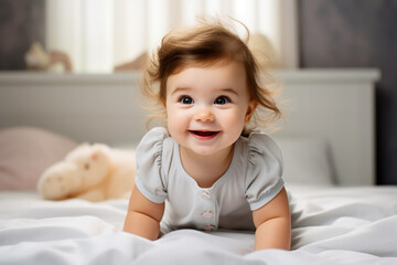 Fototapeta premium Happy baby crawls on her bed at home portrait displayed 