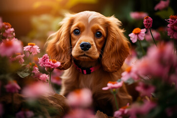 Red American Cocker Spaniel puppy with adorable eyes amidst flowers  - obrazy, fototapety, plakaty
