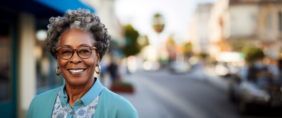 Smiling senior black woman dressed in blue suit exudes confidence 