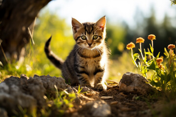 Naklejka na ściany i meble Tabby kitten outdoors amid natural surroundings exuding youthful curiosity 