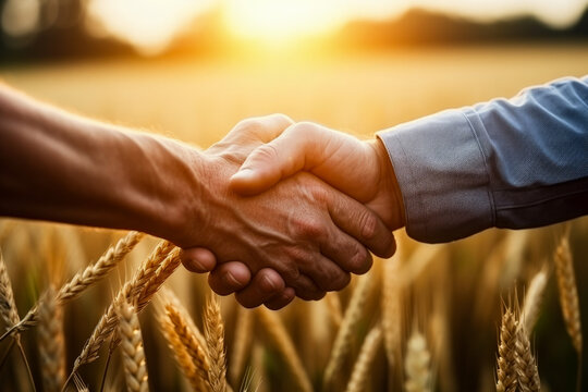 Two farmers energetically handshake before their successful wheat field 
