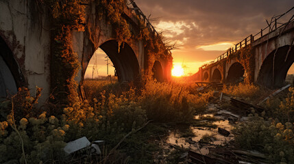 decaying aqueduct in a post-apocalyptic setting, rusty metal, overgrown with mutated plants - obrazy, fototapety, plakaty