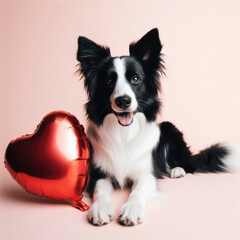 Adorable border collie dog with hear shape balloon. love and romance, valentines day concept. ai generative