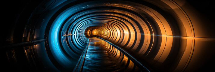 Perspective view inside a large, modern aqueduct pipe, water flowing, metallic interior