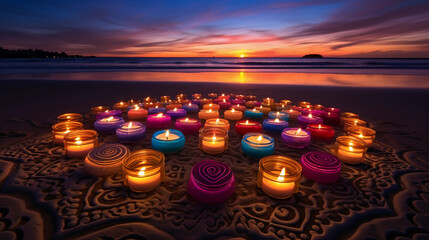 Several multicolored votive candles arranged in a mandala pattern on a sandy beach at dusk - obrazy, fototapety, plakaty