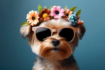 close up funny pet portrait, cute dog with flower crown and sunglasses on solid color background. ai generative