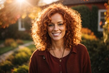 Smiling young curly redhead attractive mature woman posing at a beautiful garden looking at the camera during late autumn sunset with a sun flares in the background, surrounded by friends and relative