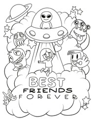 Hand-drawn illustrations, monsters doodle, Hand Drawn cartoon monster illustration,Cartoon crowd doodle hand-drawn Doodle style.black and white stripes coloring  book.