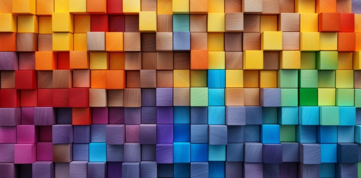 rainbow colors colored 3d wooden square cubes texture wall background, illustration panorama long, textured wood wallpaper