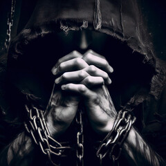 man in a dark hood and partially covered face with his hands together in front with chains around. ai generative - obrazy, fototapety, plakaty