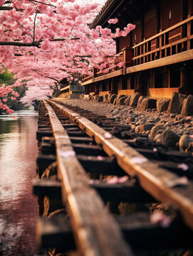 Wooden aqueduct of Edo period, Japan, intricate craftsmanship, surrounded by cherry blossoms in full bloom