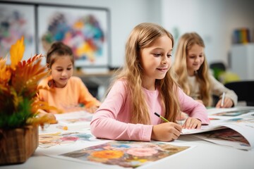 Fototapeta premium Group of kids drawing and creating at the classroom table with joy and excitement