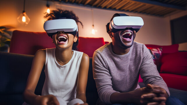 Two people enjoy Virtual reality headsets in the night at home background. Couple laughing together while using VR glasses on couch sofa in the domestic house.