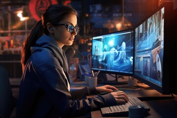 Female Professional Taking Measures for Cyber Security at Antivirus Station - obrazy, fototapety, plakaty
