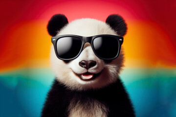 Funny panda wearing sunglasses in studio with a colorful and bright background. ai generative