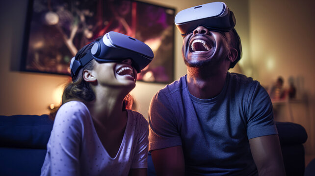 Two people enjoy Virtual reality headsets in the night at home background. Couple laughing together while using VR glasses on couch sofa in the domestic house.