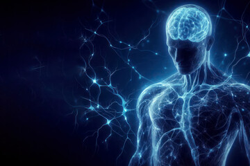 Human body with glowing neurons visualization on dark blue background. ai generative - obrazy, fototapety, plakaty