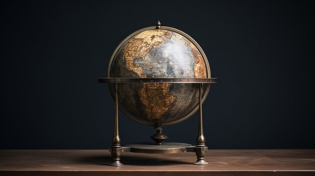 an antique globe with faded continents and a brass stand