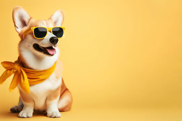 Summer corgi dog wearing yellow sunglasses and neckerchief on yellow background. ai generative