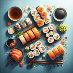 Fototapeta na wymiar Sushi Advertising Background, Japanese Food Sushi Roll with Salmons. Maki Sushi Rolls. ai generative